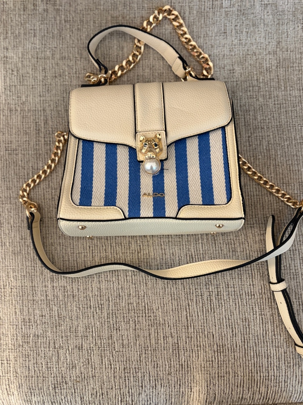ALDO Cream Top-Handle Satchel with Blue Stripes and Gold Hardware